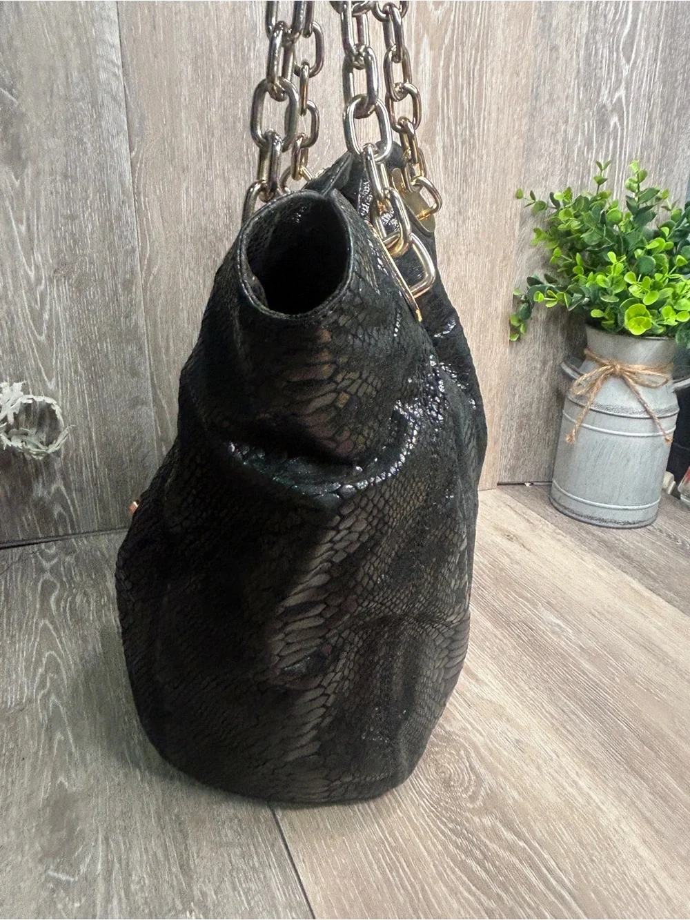 Michael Kors Black Python Embossed Leather Hobo Shoulder Bag Gold Chain